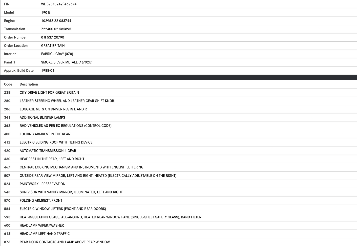 33831 Mercedes-Benz W201 190E 2.0L Rear Right Door Window Glass