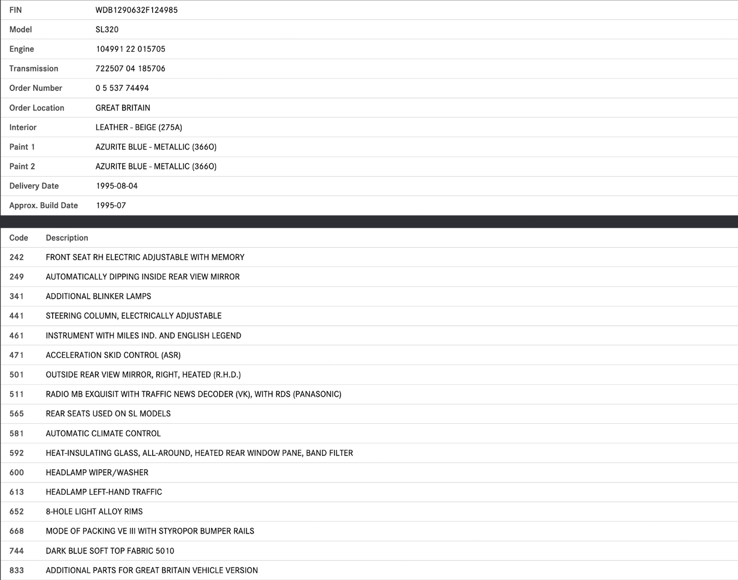42301 Mercedes-Benz R129 320SL Coupe Bonnet Release Latch 1298800064
