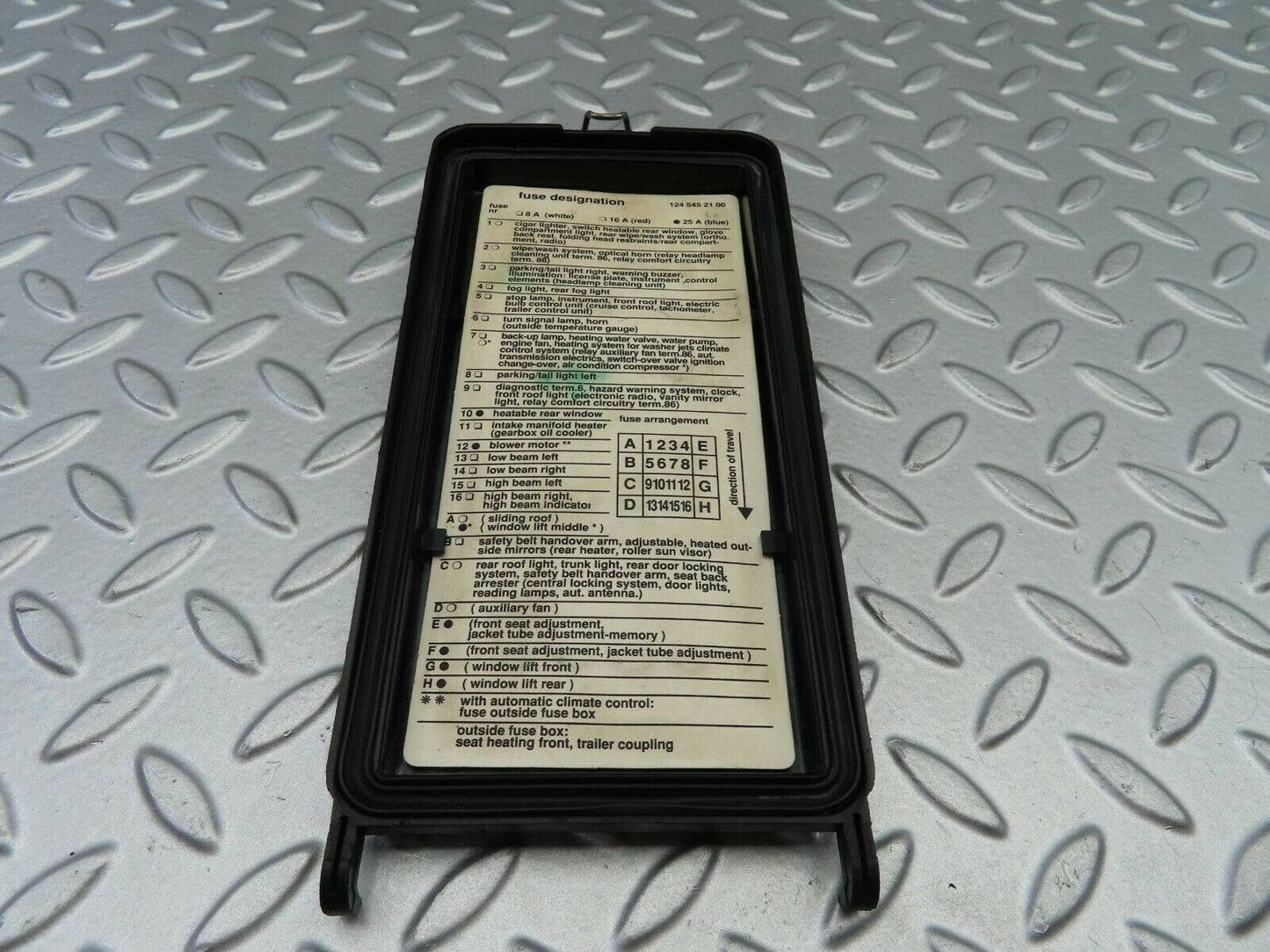 6675 Mercedes-Benz S124 E220 Wagon Fuse Box Cover Panel Lid 1245400182