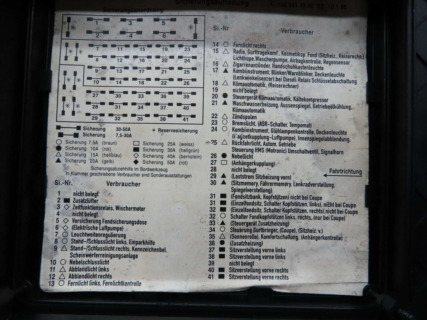 19684 Mercedes-Benz C140 CL420 Coupe Fuse Box Lid 1405450173
