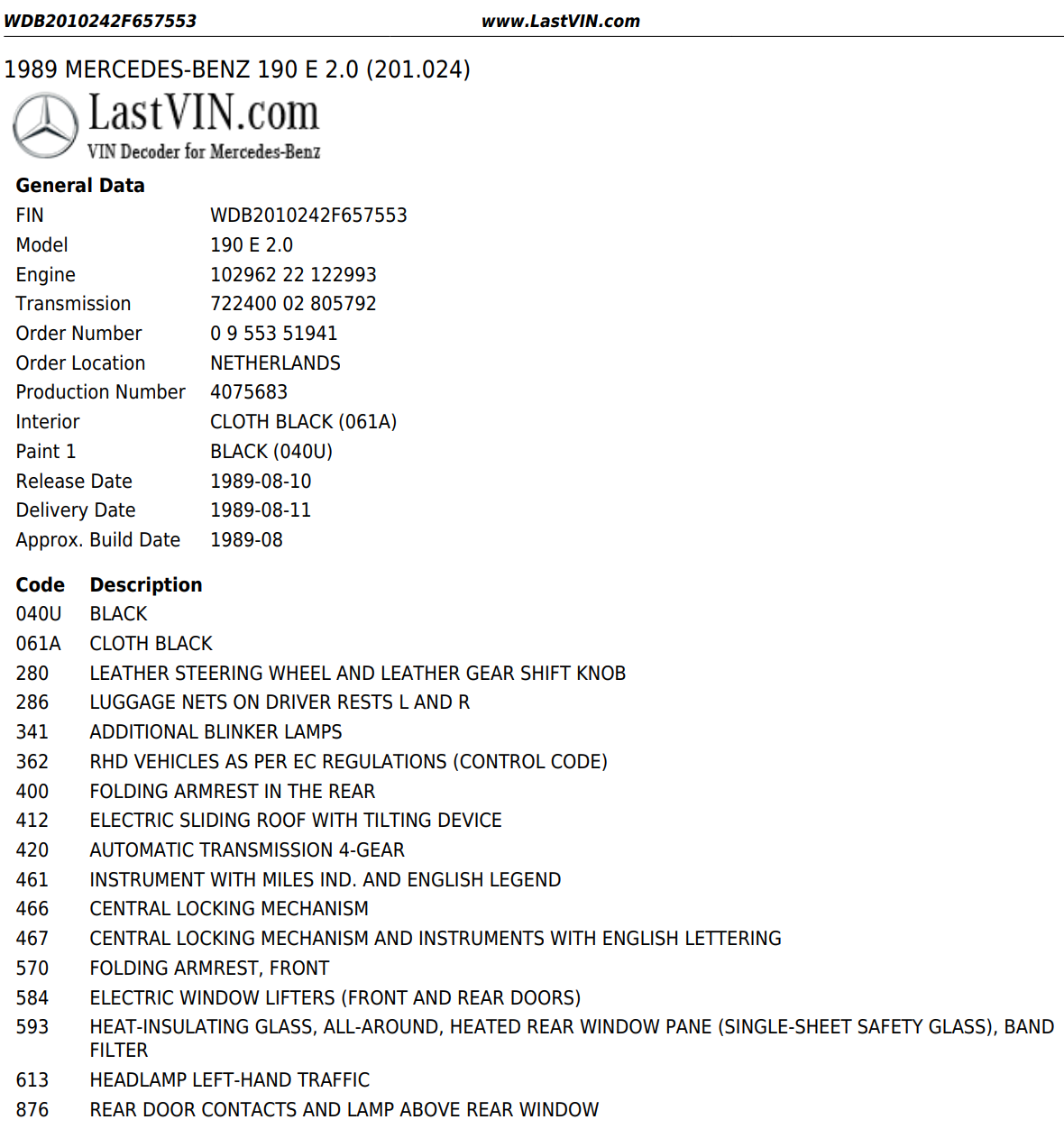 W201 Baby Benz door contact switch used OEM